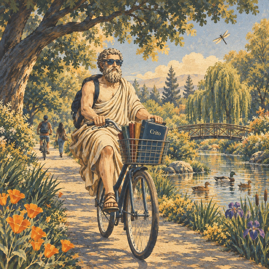 Illustration of Plato in sunglasses riding a bicycle along the UC Davis arboretum waterway, a copy of the Crito in his basket